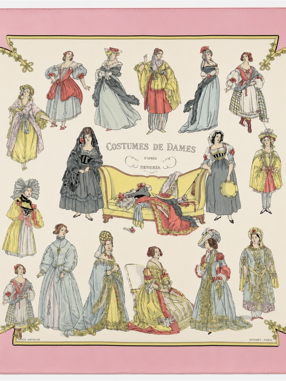 Hermès 'Costumes de Dames' Silk Scarf in Pink, Yellow, Gray
